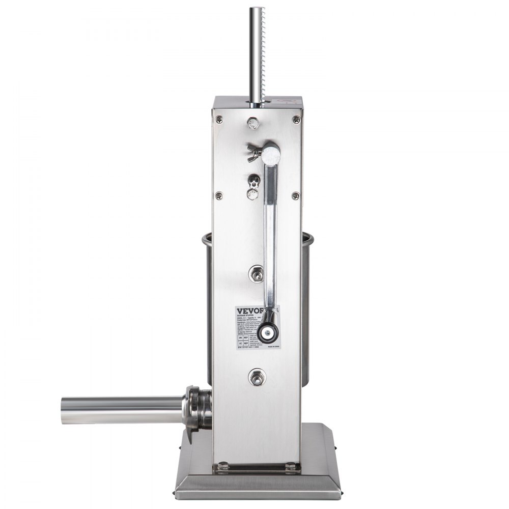 Embutidora manual de salchichas VEVOR, capacidad de 3 L, dos velocidades, vertical, de acero inoxidable 304, con 4 tubos de embutido y base de succión para uso doméstico o comercial.