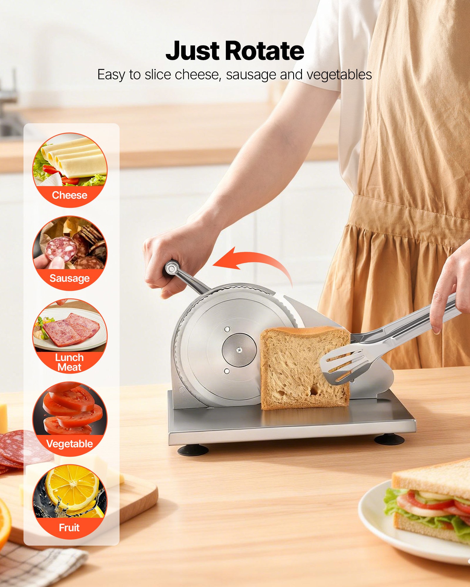 VEVOR Máquina de Cortar Pan Manual Grosor Ajustable de 0 a 15 mm, Rebanadora de Pan con Manivela, Cuchilla de Acero Inoxidable Microdentada, para Cocina, Panadería, Fiestas, 310 x 255 x 190 mm