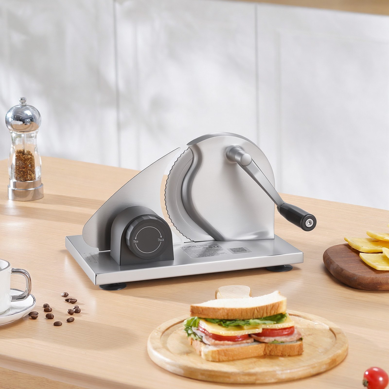 VEVOR Máquina de Cortar Pan Manual Grosor Ajustable de 0 a 15 mm, Rebanadora de Pan con Manivela, Cuchilla de Acero Inoxidable Microdentada, para Cocina, Panadería, Fiestas, 310 x 255 x 190 mm