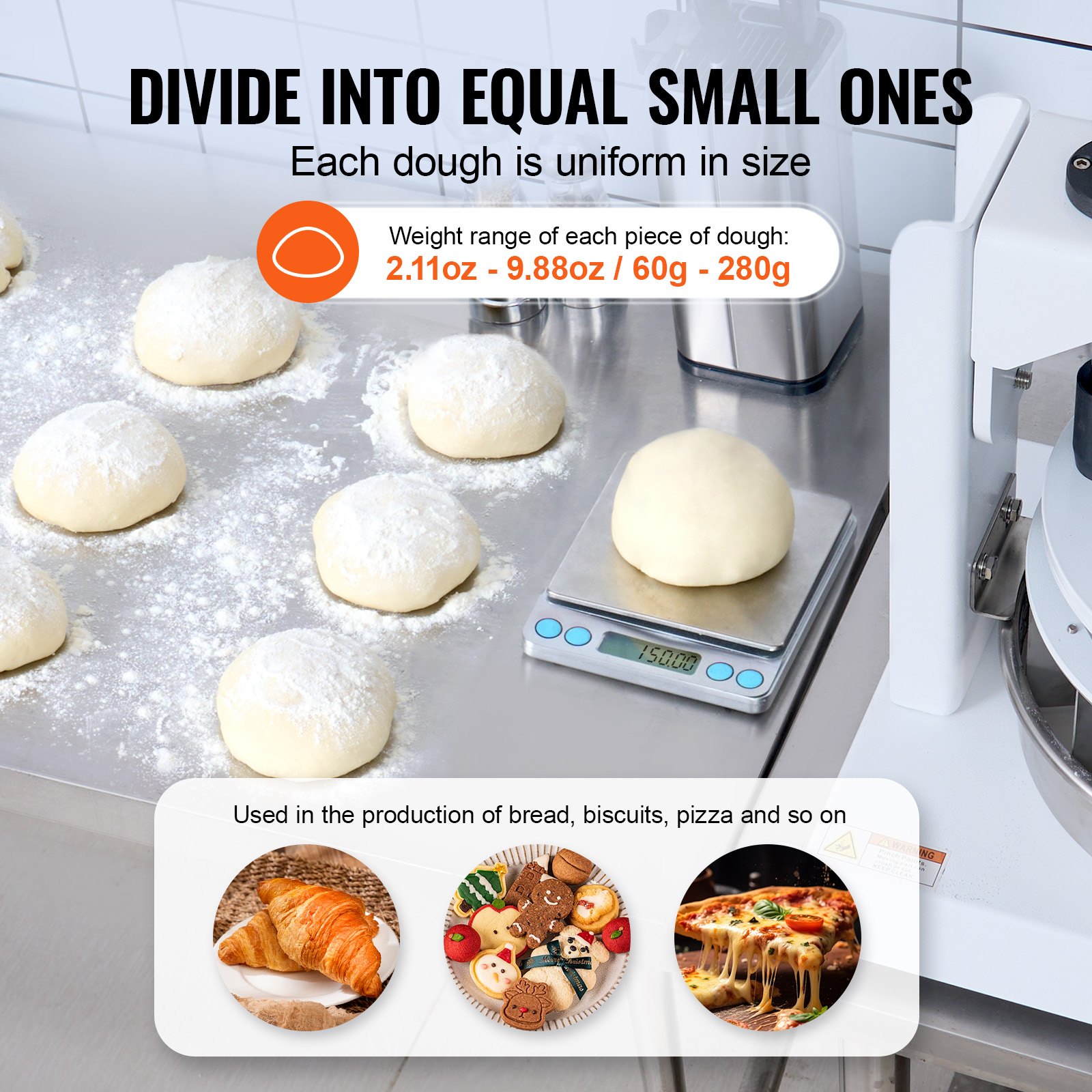 VEVOR - Divisora y redondeadora de masa (18 unidades), cortadora de masa manual de 2,11 oz a 9,88 oz con bandeja y cuchilla de acero inoxidable 304, máquina para hacer pan para panadería, restaurante y uso comercial.