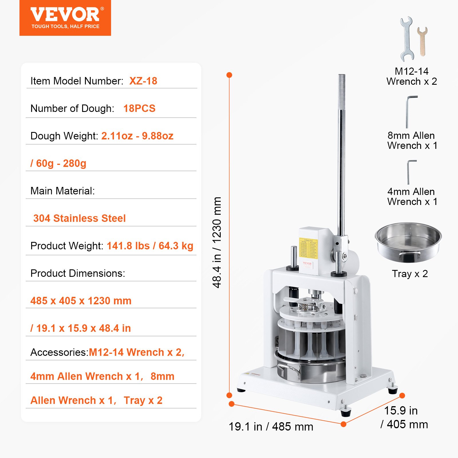 VEVOR - Divisora y redondeadora de masa (18 unidades), cortadora de masa manual de 2,11 oz a 9,88 oz con bandeja y cuchilla de acero inoxidable 304, máquina para hacer pan para panadería, restaurante y uso comercial.
