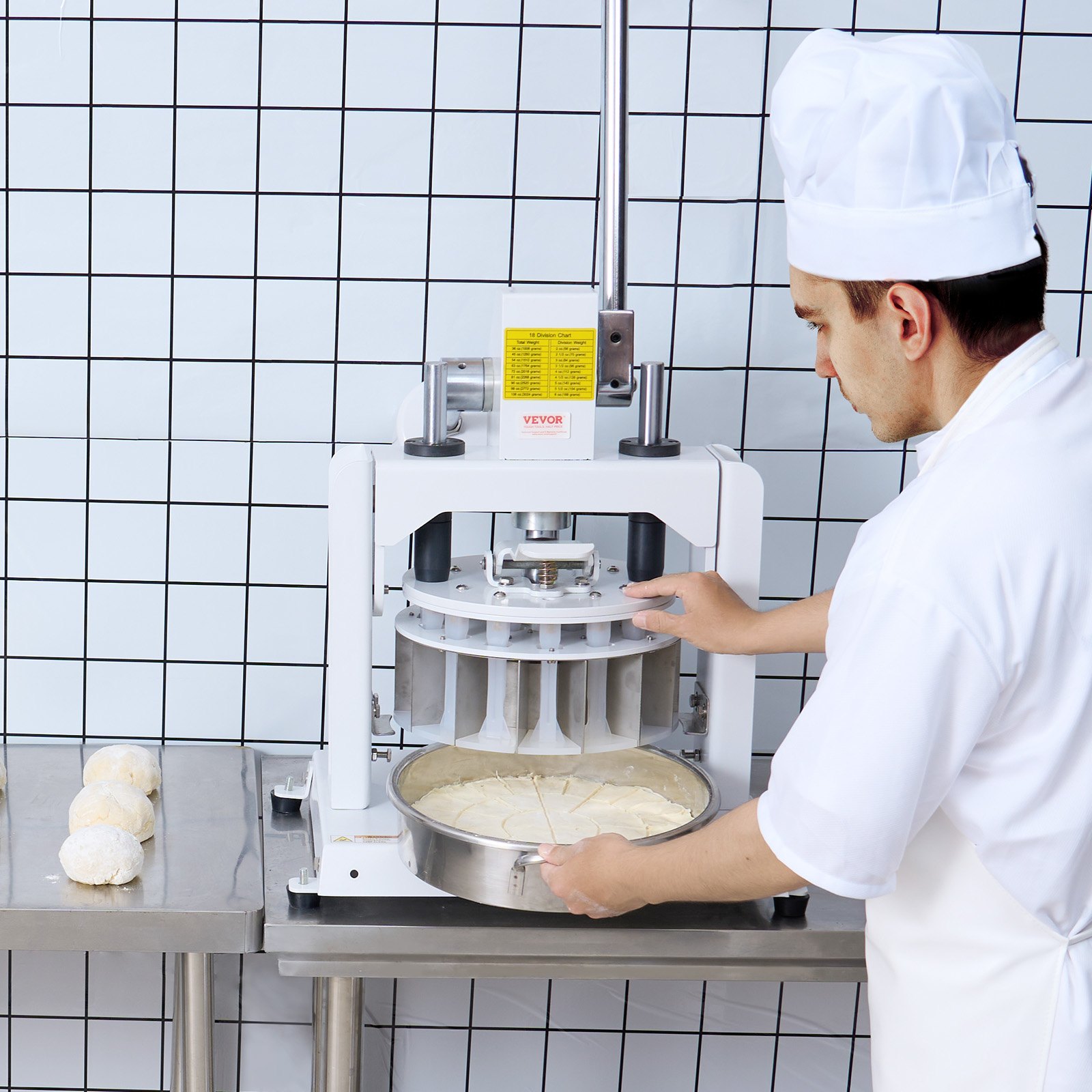 VEVOR - Divisora y redondeadora de masa (18 unidades), cortadora de masa manual de 2,11 oz a 9,88 oz con bandeja y cuchilla de acero inoxidable 304, máquina para hacer pan para panadería, restaurante y uso comercial.