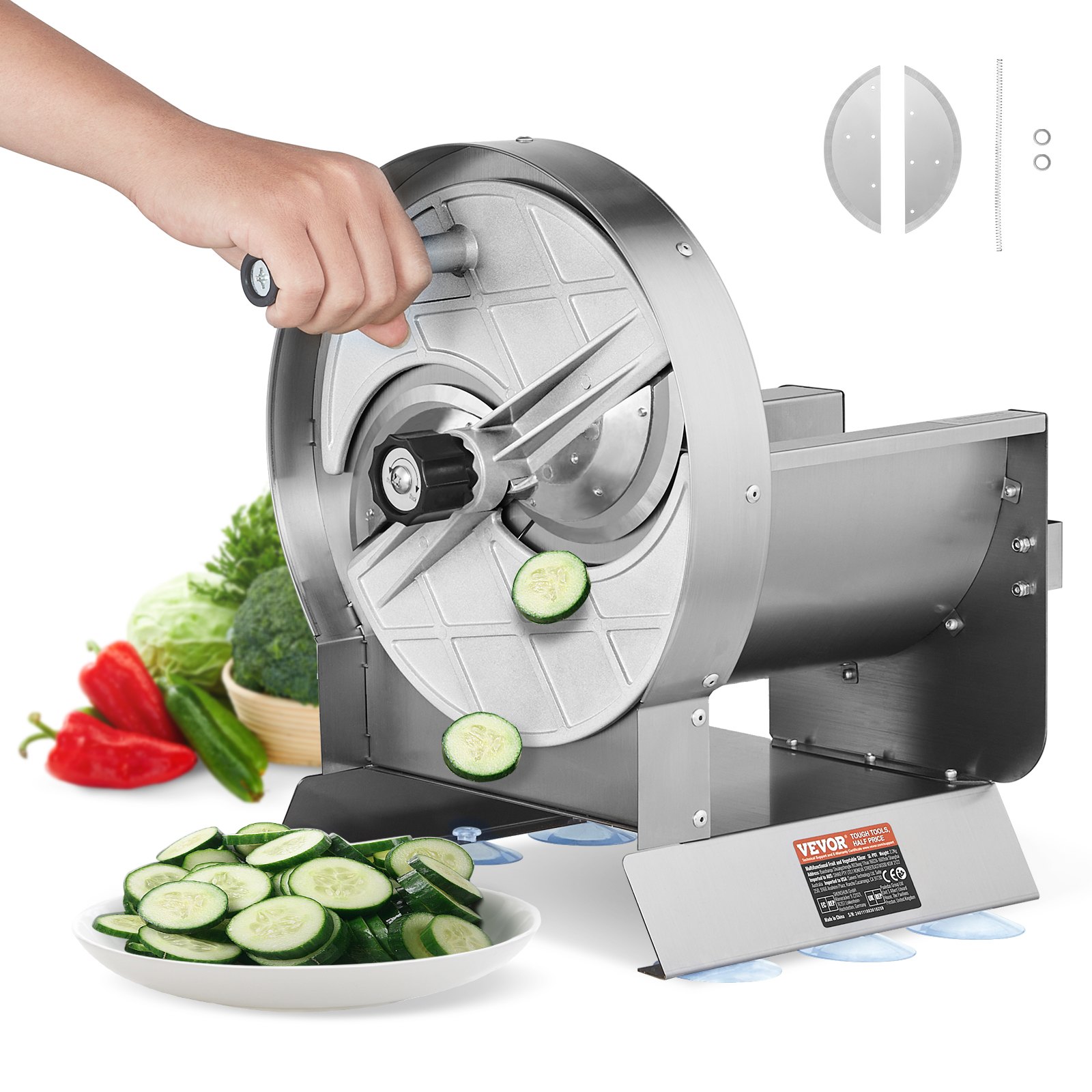Cortadora manual de verduras y frutas VEVOR, cortadora comercial ajustable de 0-12 mm de grosor, de acero inoxidable con 2 cuchillas de repuesto, para patatas, pepinos, limones y tomates.