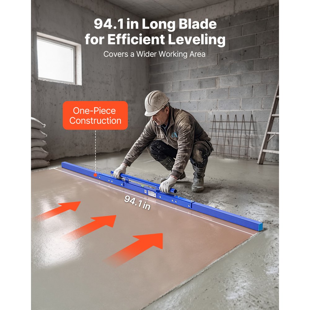 VEVOR Regla Niveladora para Hormigón 2430 mm de Aleación de Aluminio, Herramienta de Nivelación, Llana Manual con Nivel de Burbuja, Asa Integrada, Diseño Ligero para Patios, Aceras, Garajes y Losas