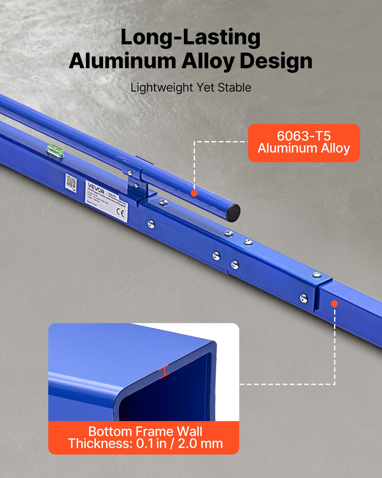 VEVOR Regla Niveladora para Hormigón 2430 mm de Aleación de Aluminio, Herramienta de Nivelación, Llana Manual con Nivel de Burbuja, Asa Integrada, Diseño Ligero para Patios, Aceras, Garajes y Losas