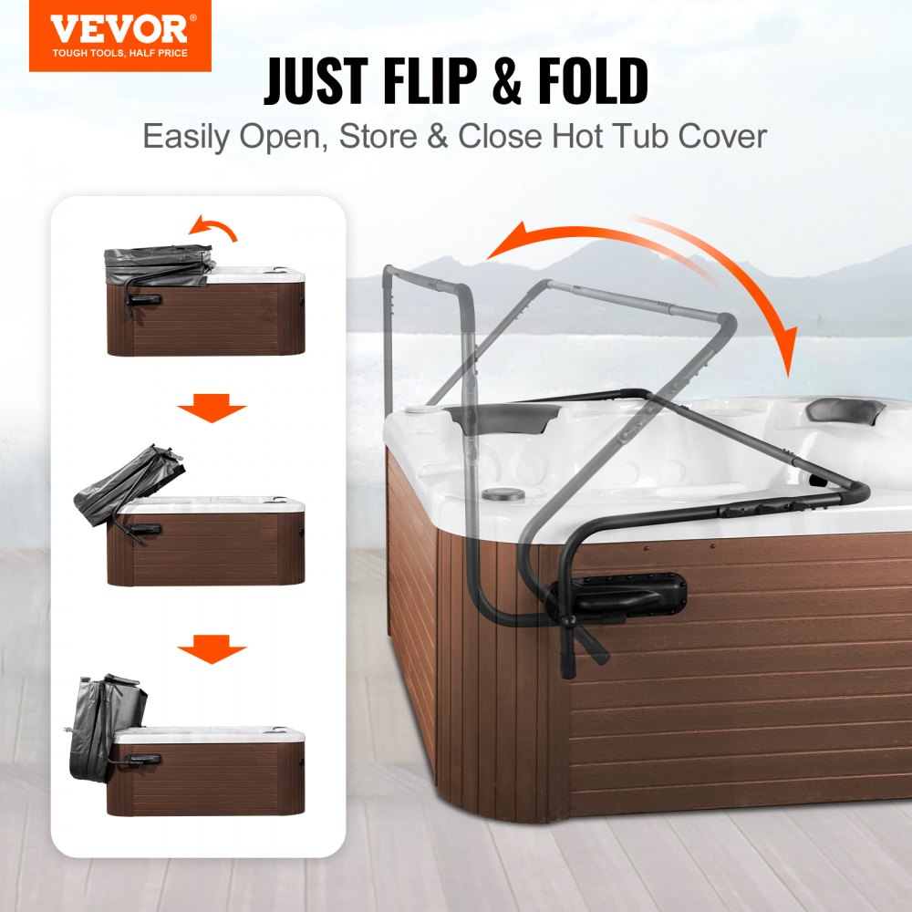 Elevador de cubierta para jacuzzi VEVOR, altura de 80 cm a 105 cm, ancho de 175 cm a 254 cm, ajustable, se instala en ambos lados de la parte superior, apto para bañeras rectangulares de varios tamaños, jacuzzis y spas.