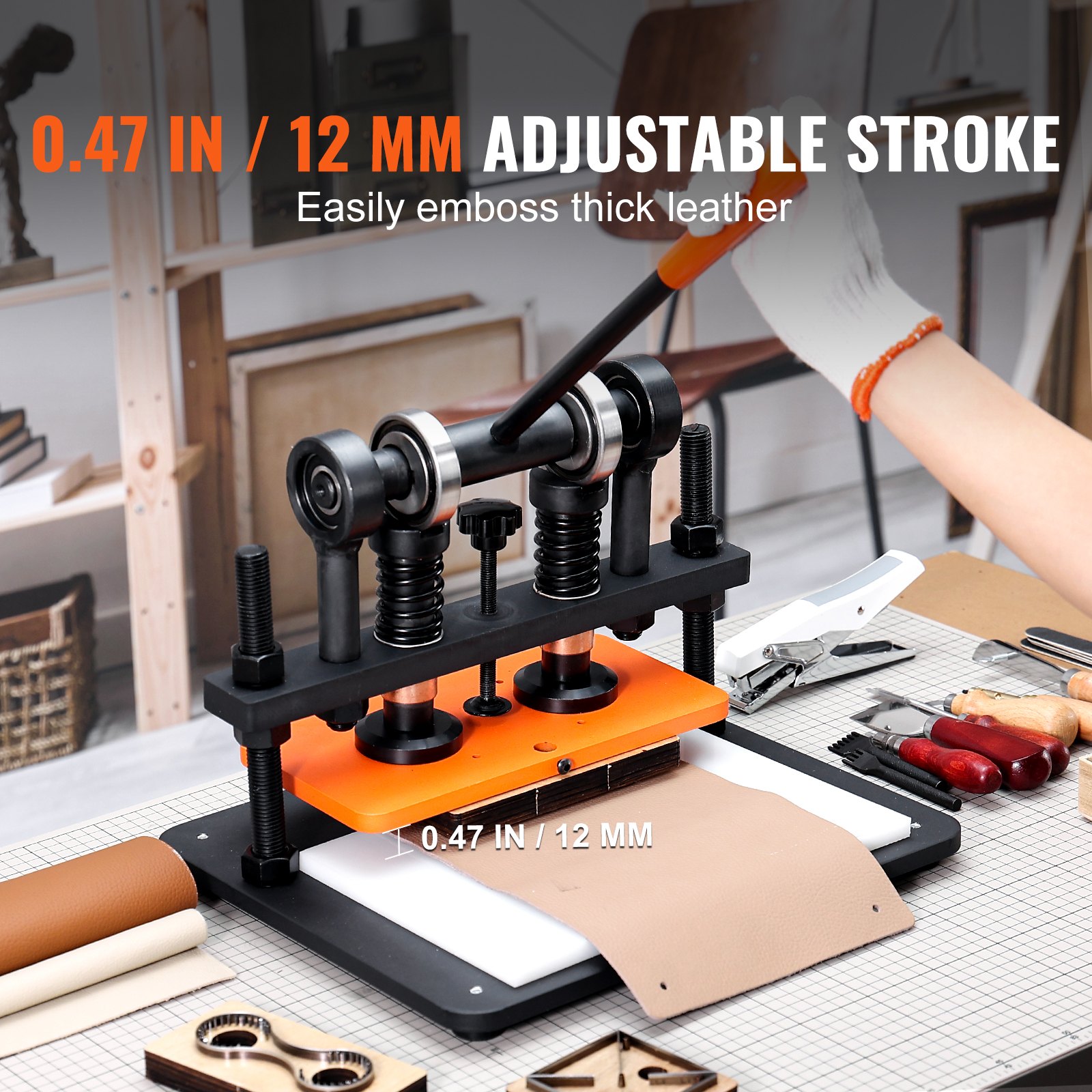 Máquina de corte de cuero VEVOR, troqueladora manual con placa de repujado de 11 x 5,5 pulgadas, troqueladora con doble eje guía y carrera de presión de 0,47 pulgadas, máquina de repujado de cuero para diversos materiales.