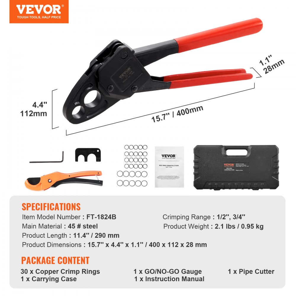 VEVOR PEX Herramienta de engarzado de tuberías, engarzadora PEX combinada de doble cabeza en ángulo para anillos de engarzado de cobre de 1/2" y 3/4", 30 anillos de engarzado de cobre, cortador de tubos PEX, calibre Go/No-Go, cumple con los estándares ASTM F1807