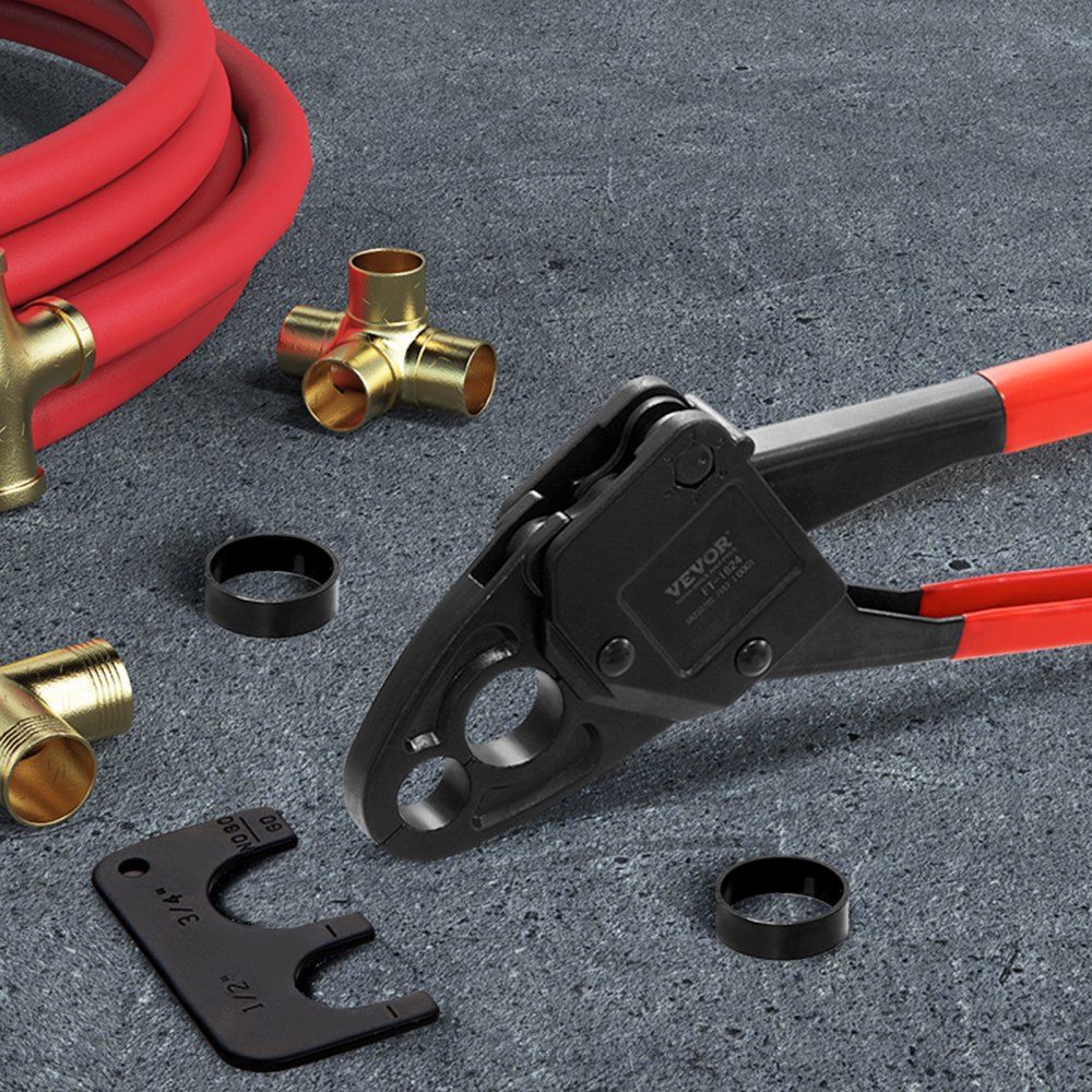 VEVOR PEX Herramienta de engarzado de tuberías, engarzadora PEX combinada de doble cabeza en ángulo para anillos de engarzado de cobre de 1/2" y 3/4", 30 anillos de engarzado de cobre, cortador de tubos PEX, calibre Go/No-Go, cumple con los estándares ASTM F1807