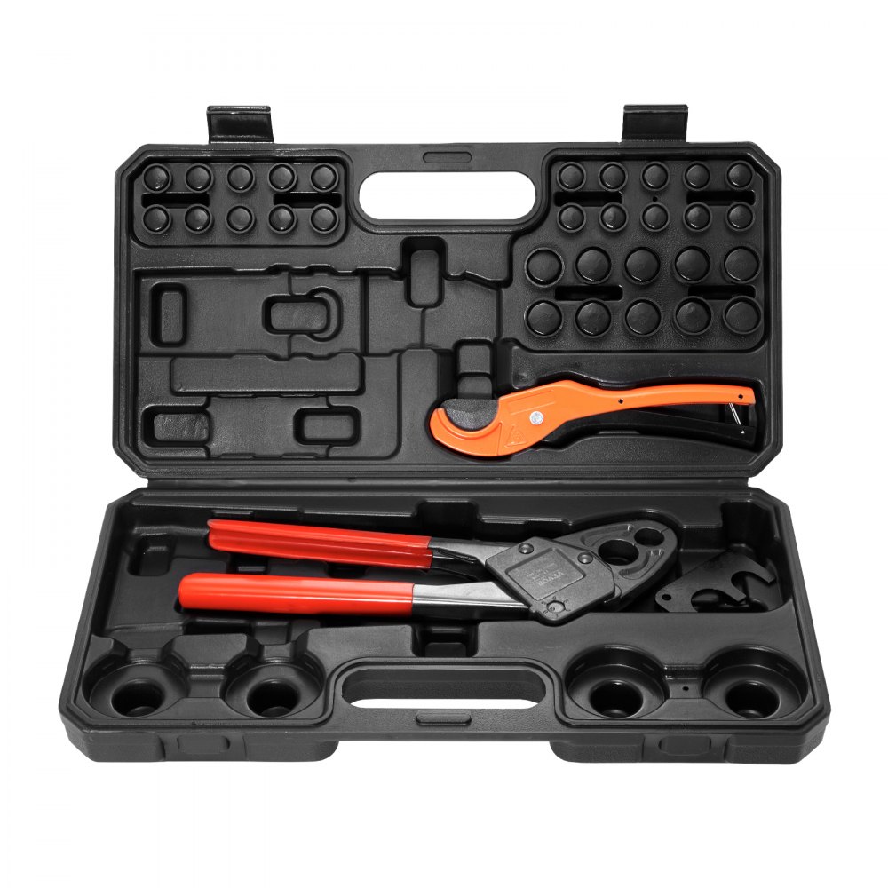 VEVOR PEX Herramienta de engarzado de tuberías, engarzadora PEX combinada de doble cabeza en ángulo para anillos de engarzado de cobre de 1/2" y 3/4", 30 anillos de engarzado de cobre, cortador de tubos PEX, calibre Go/No-Go, cumple con los estándares ASTM F1807