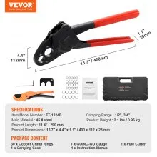 VEVOR PEX Herramienta de engarzado de tuberías, engarzadora PEX combinada de doble cabeza en ángulo para anillos de engarzado de cobre de 1/2" y 3/4", 30 anillos de engarzado de cobre, cortador de tubos PEX, calibre Go/No-Go, cumple con los estándares ASTM F1807