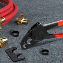 VEVOR PEX Herramienta de engarzado de tuberías, engarzadora PEX combinada de doble cabeza en ángulo para anillos de engarzado de cobre de 1/2" y 3/4", 30 anillos de engarzado de cobre, cortador de tubos PEX, calibre Go/No-Go, cumple con los estándares ASTM F1807