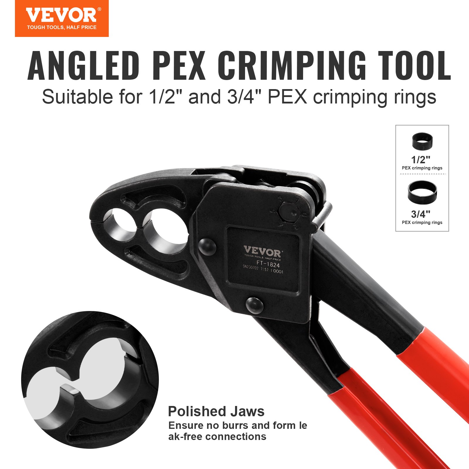 VEVOR PEX Herramienta de engarzado de tuberías, engarzadora PEX combinada de doble cabeza en ángulo para anillos de engarzado de cobre de 1/2" y 3/4", 30 anillos de engarzado de cobre, cortador de tubos PEX, calibre Go/No-Go, cumple con los estándares ASTM F1807