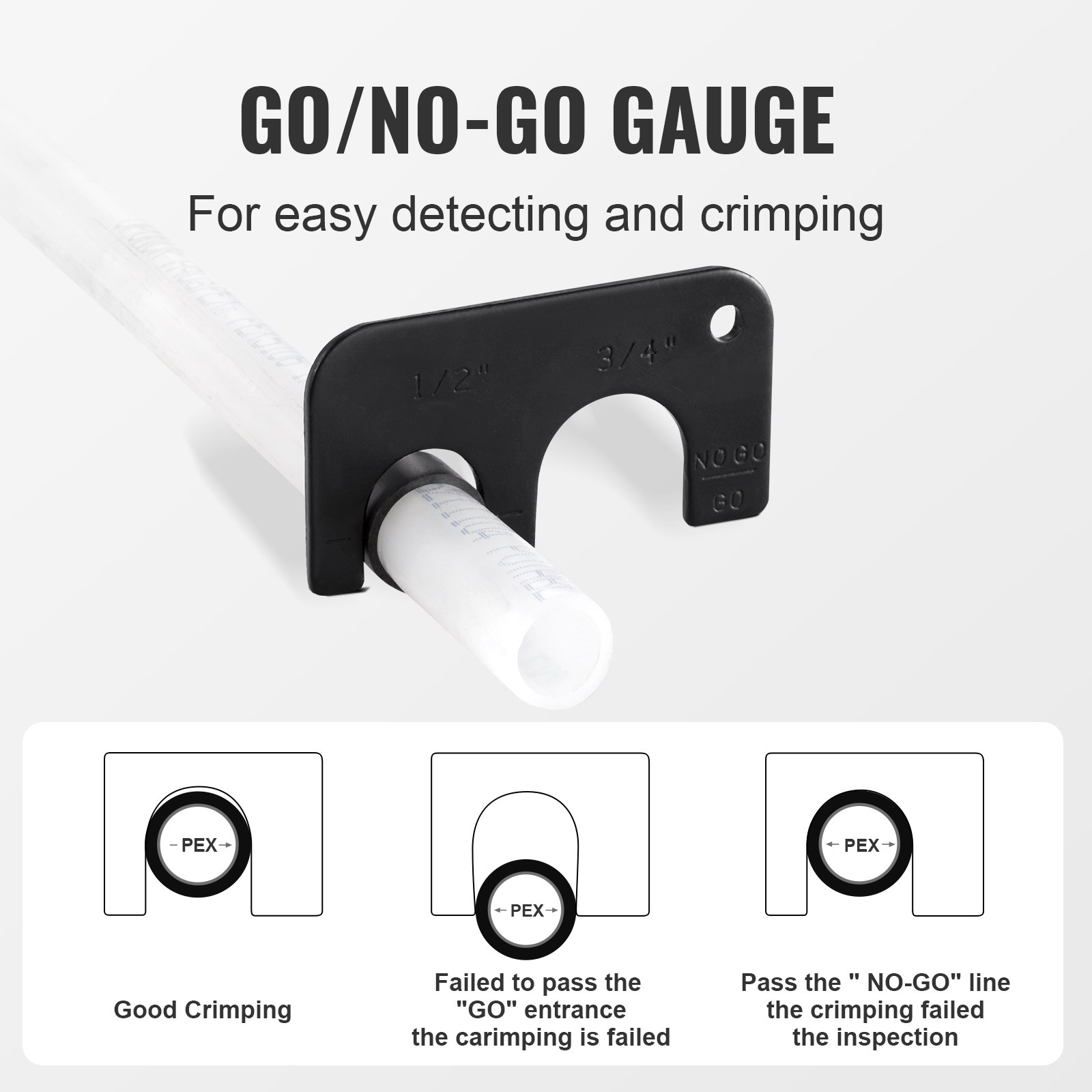 VEVOR PEX Herramienta de engarzado de tuberías, engarzadora PEX combinada de doble cabeza en ángulo para anillos de engarzado de cobre de 1/2" y 3/4", 30 anillos de engarzado de cobre, cortador de tubos PEX, calibre Go/No-Go, cumple con los estándares ASTM F1807