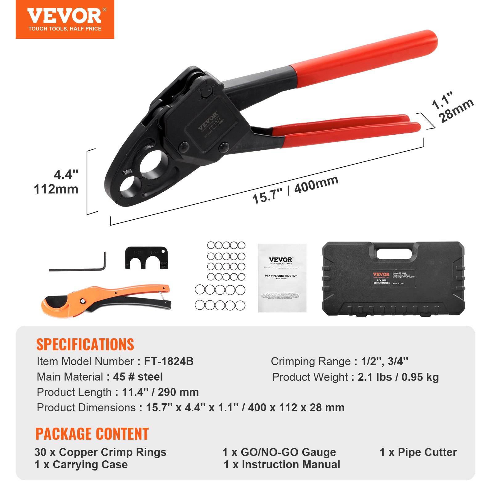 VEVOR PEX Herramienta de engarzado de tuberías, engarzadora PEX combinada de doble cabeza en ángulo para anillos de engarzado de cobre de 1/2" y 3/4", 30 anillos de engarzado de cobre, cortador de tubos PEX, calibre Go/No-Go, cumple con los estándares ASTM F1807