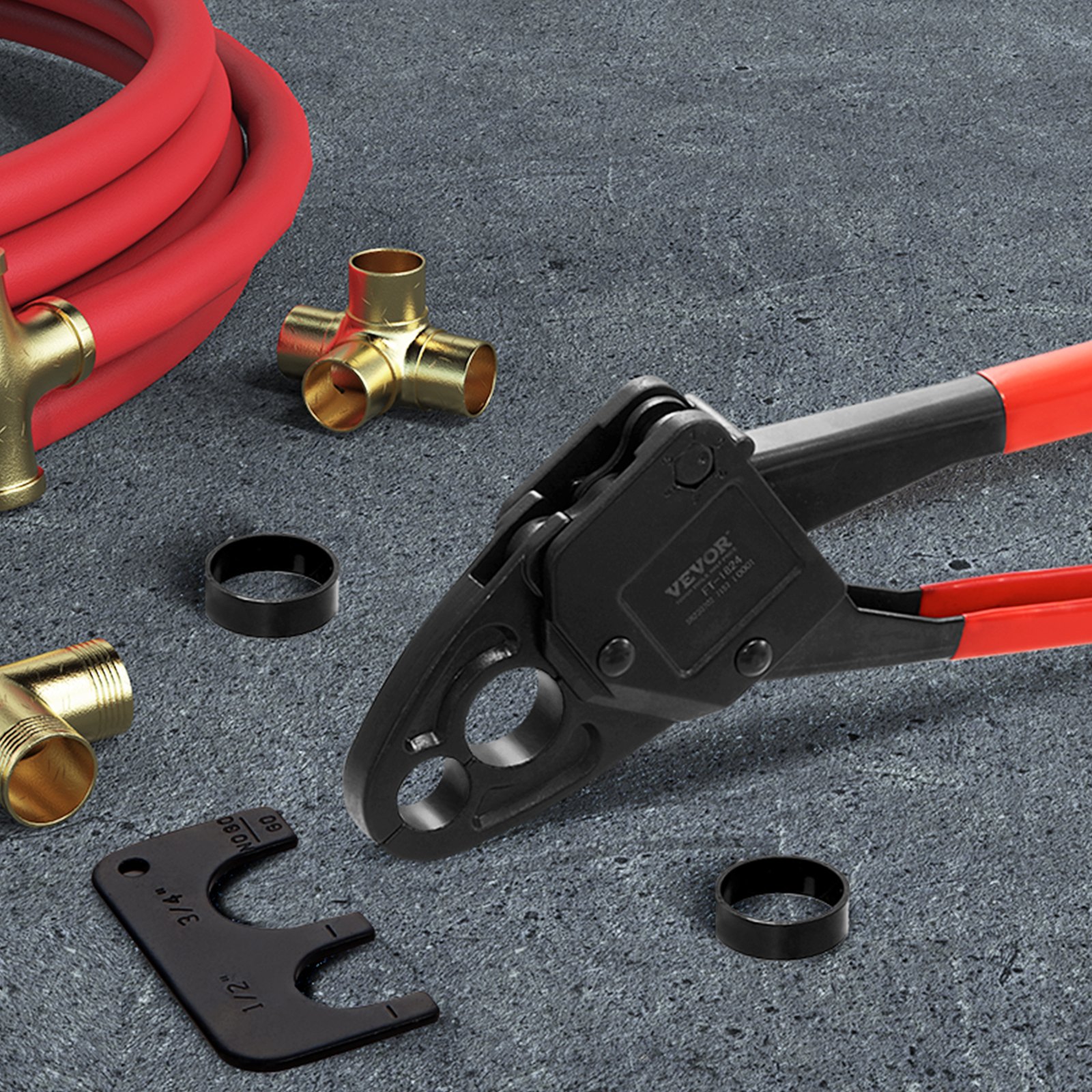 VEVOR PEX Herramienta de engarzado de tuberías, engarzadora PEX combinada de doble cabeza en ángulo para anillos de engarzado de cobre de 1/2" y 3/4", 30 anillos de engarzado de cobre, cortador de tubos PEX, calibre Go/No-Go, cumple con los estándares ASTM F1807