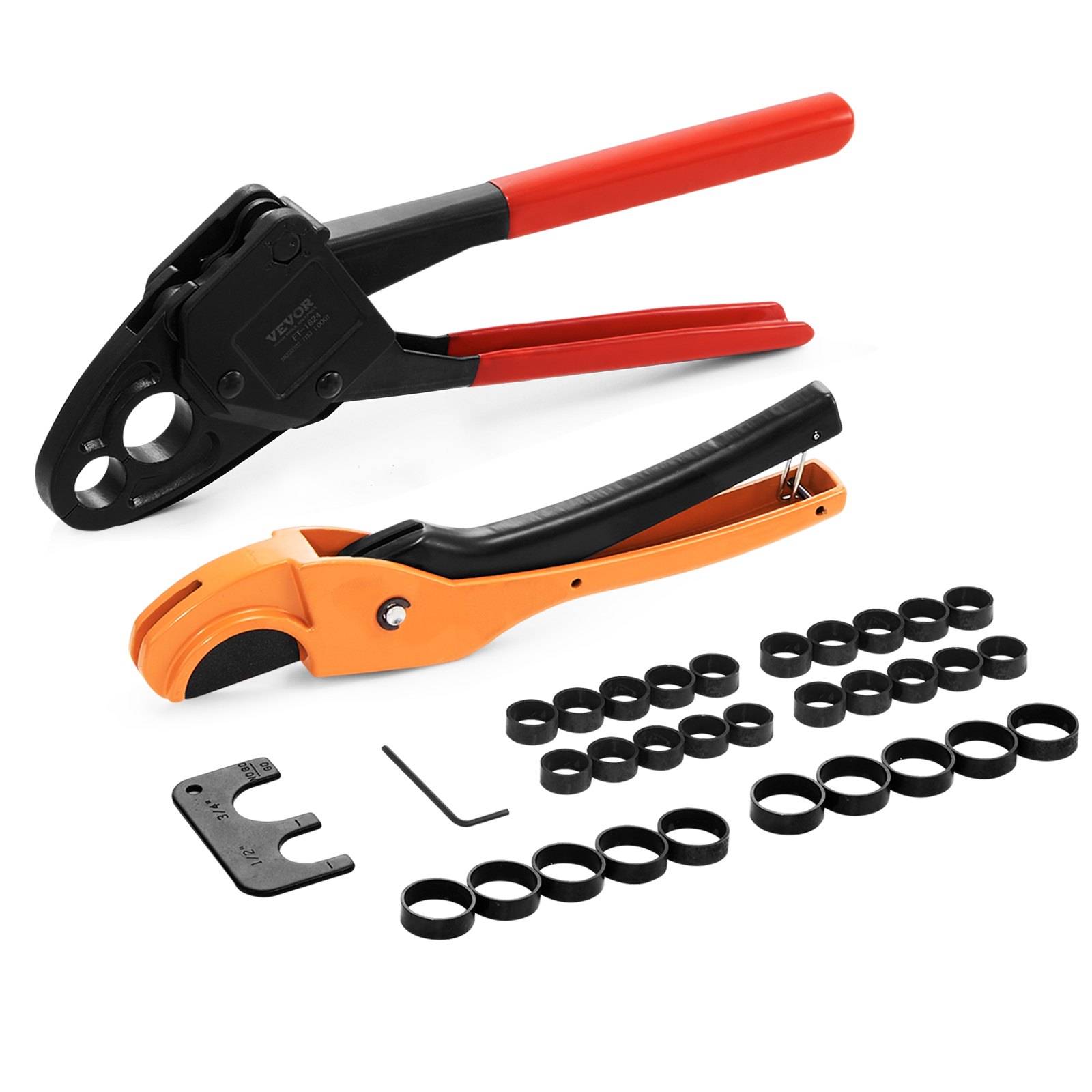 VEVOR PEX Herramienta de engarzado de tuberías, engarzadora PEX combinada de doble cabeza en ángulo para anillos de engarzado de cobre de 1/2" y 3/4", 30 anillos de engarzado de cobre, cortador de tubos PEX, calibre Go/No-Go, cumple con los estándares ASTM F1807