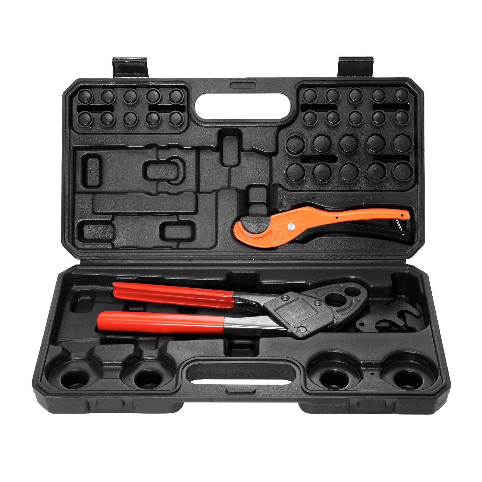 VEVOR PEX Herramienta de engarzado de tuberías, engarzadora PEX combinada de doble cabeza en ángulo para anillos de engarzado de cobre de 1/2" y 3/4", 30 anillos de engarzado de cobre, cortador de tubos PEX, calibre Go/No-Go, cumple con los estándares ASTM F1807