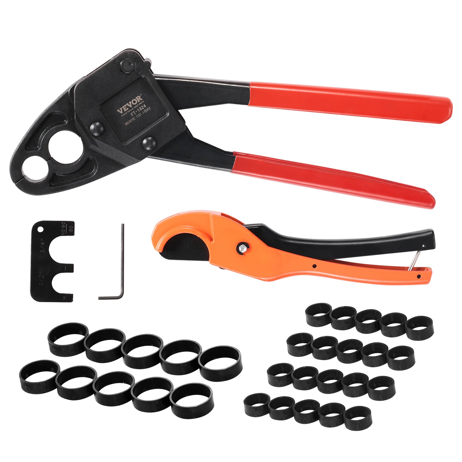 VEVOR PEX Herramienta de engarzado de tuberías, engarzadora PEX combinada de doble cabeza en ángulo para anillos de engarzado de cobre de 1/2" y 3/4", 30 anillos de engarzado de cobre, cortador de tubos PEX, calibre Go/No-Go, cumple con los estándares ASTM F1807