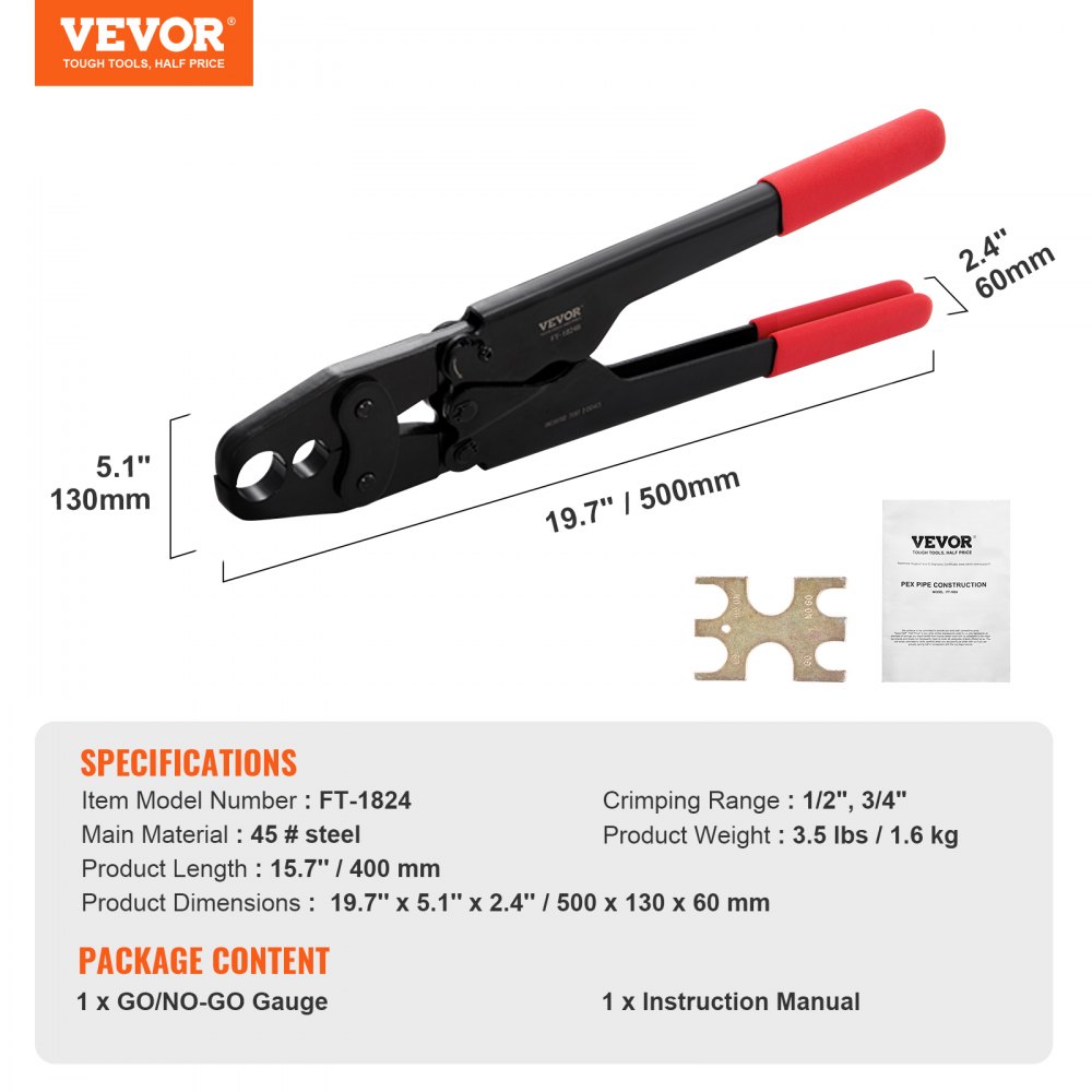 Herramienta de crimpado VEVOR PEX, herramienta de crimpado PEX combinada de cabezal doble para anillos de crimpado de cobre PEX de 1/2" y 3/4", herramienta de crimpado de plomería compacta con calibre Go/No-Go, mandíbula bien pulida, cumple con las normas ASTM F1807
