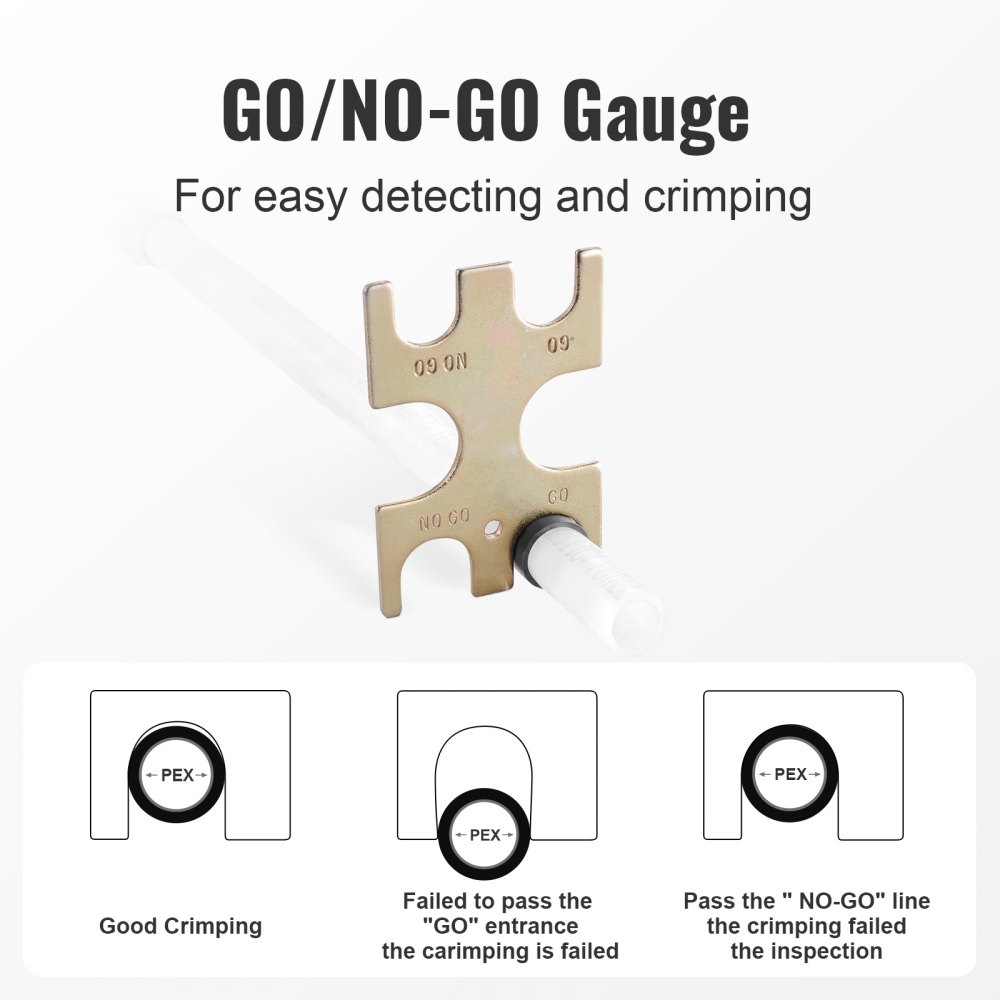 Herramienta de engarce PEX VEVOR, herramienta combinada de doble cabezal para anillos de engarce de cobre PEX de 1/2" y 3/4", herramienta compacta para plomería con calibre de paso/no paso, mordaza bien pulida, cumple con la norma ASTM F1807