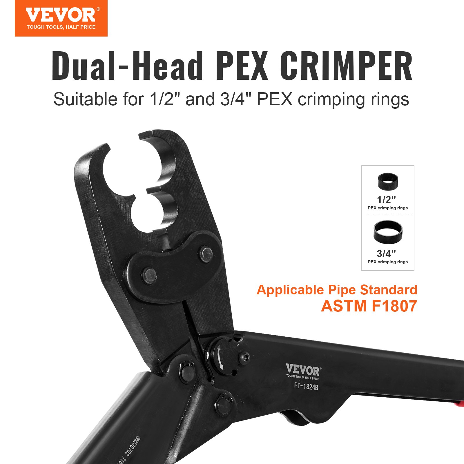 Herramienta de crimpado VEVOR PEX, herramienta de crimpado PEX combinada de cabezal doble para anillos de crimpado de cobre PEX de 1/2" y 3/4", herramienta de crimpado de plomería compacta con calibre Go/No-Go, mandíbula bien pulida, cumple con las normas ASTM F1807