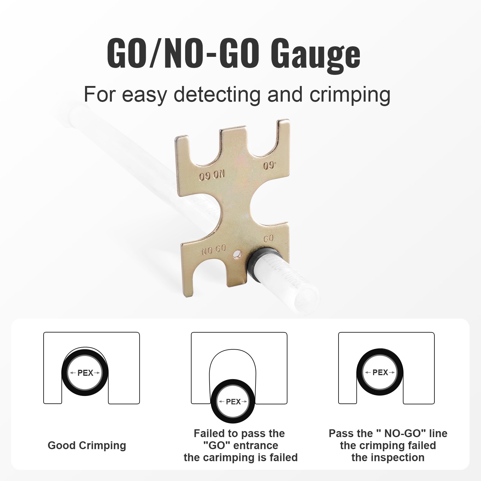 Herramienta de engarce PEX VEVOR, herramienta combinada de doble cabezal para anillos de engarce de cobre PEX de 1/2" y 3/4", herramienta compacta para plomería con calibre de paso/no paso, mordaza bien pulida, cumple con la norma ASTM F1807