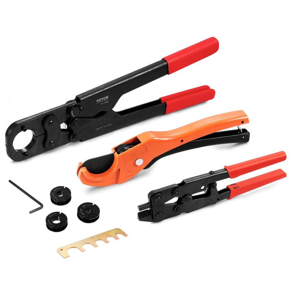 Kit de herramientas de prensado para tuberías PEX VEVOR, prensa profesional para anillos de prensado de 3/8", 1/2", 3/4" y 1", con 3 mordazas, cortador de tubos PEX, medidor de paso/no paso, herramienta para extraer anillos de cobre, cumple con la norma ASTM F1807