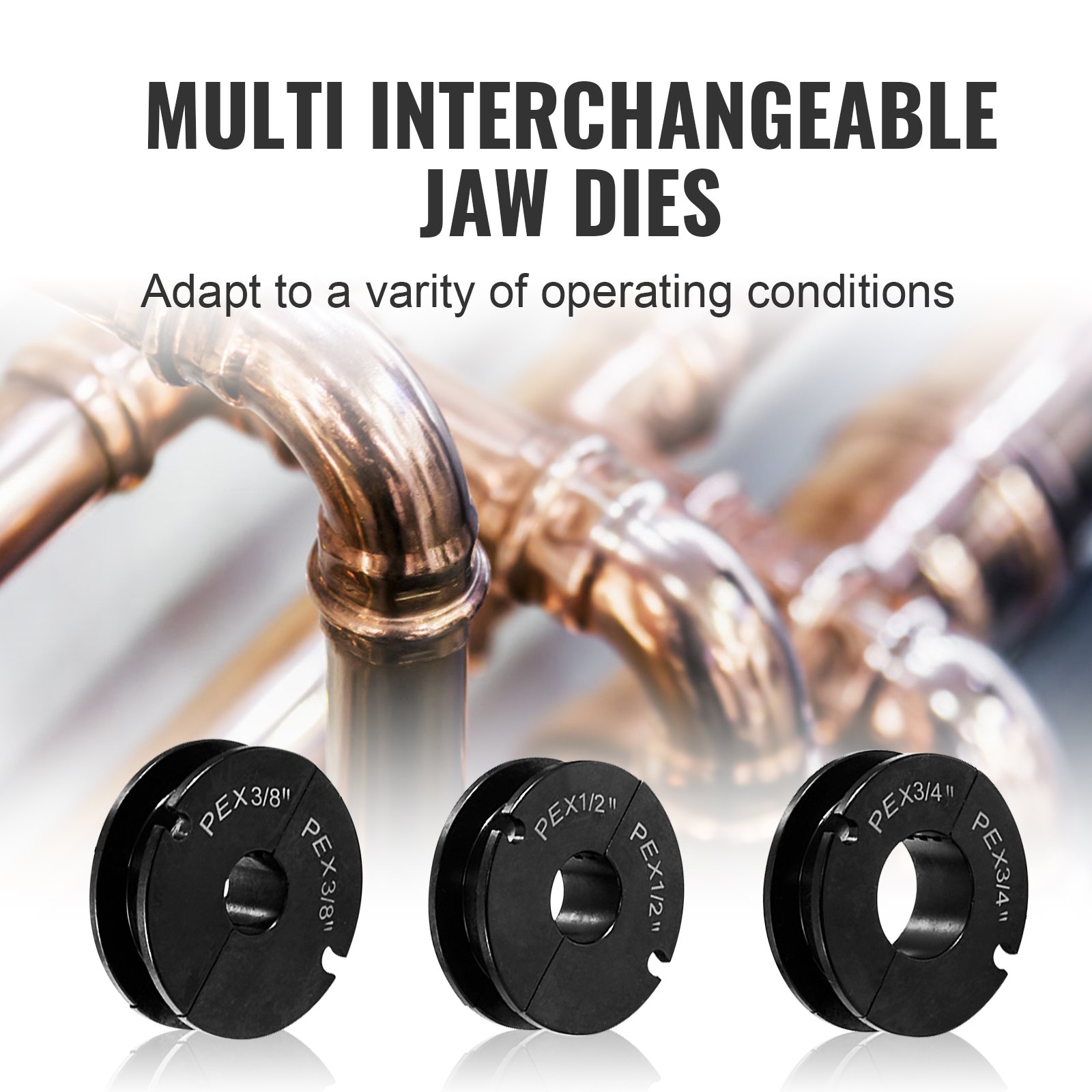 Kit de herramientas de prensado para tuberías PEX VEVOR, prensa profesional para anillos de prensado de 3/8", 1/2", 3/4" y 1", con 3 mordazas, cortador de tubos PEX, medidor de paso/no paso, herramienta para extraer anillos de cobre, cumple con la norma ASTM F1807