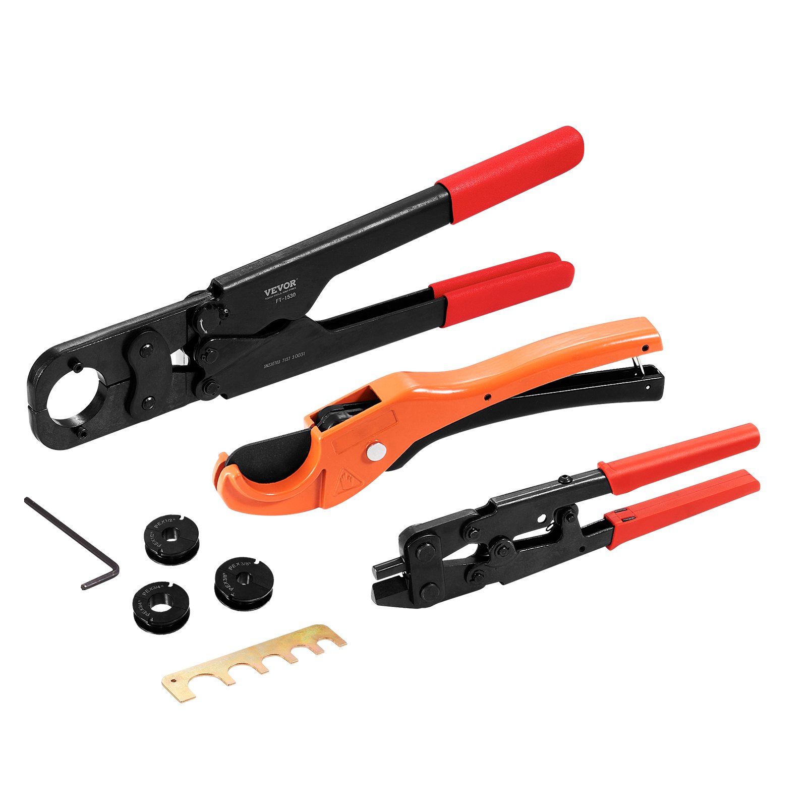 Kit de herramientas de prensado para tuberías PEX VEVOR, prensa profesional para anillos de prensado de 3/8", 1/2", 3/4" y 1", con 3 mordazas, cortador de tubos PEX, medidor de paso/no paso, herramienta para extraer anillos de cobre, cumple con la norma ASTM F1807