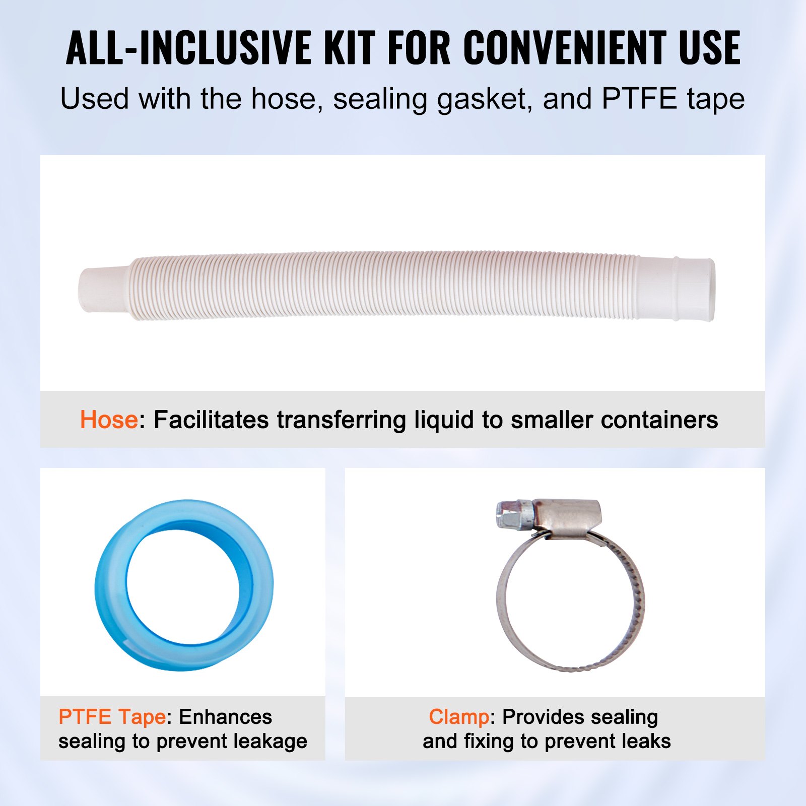 Kit de bomba de tambor VEVOR todo incluido con manguera, junta de sellado, cinta de PTFE y abrazadera para prevención de fugas.