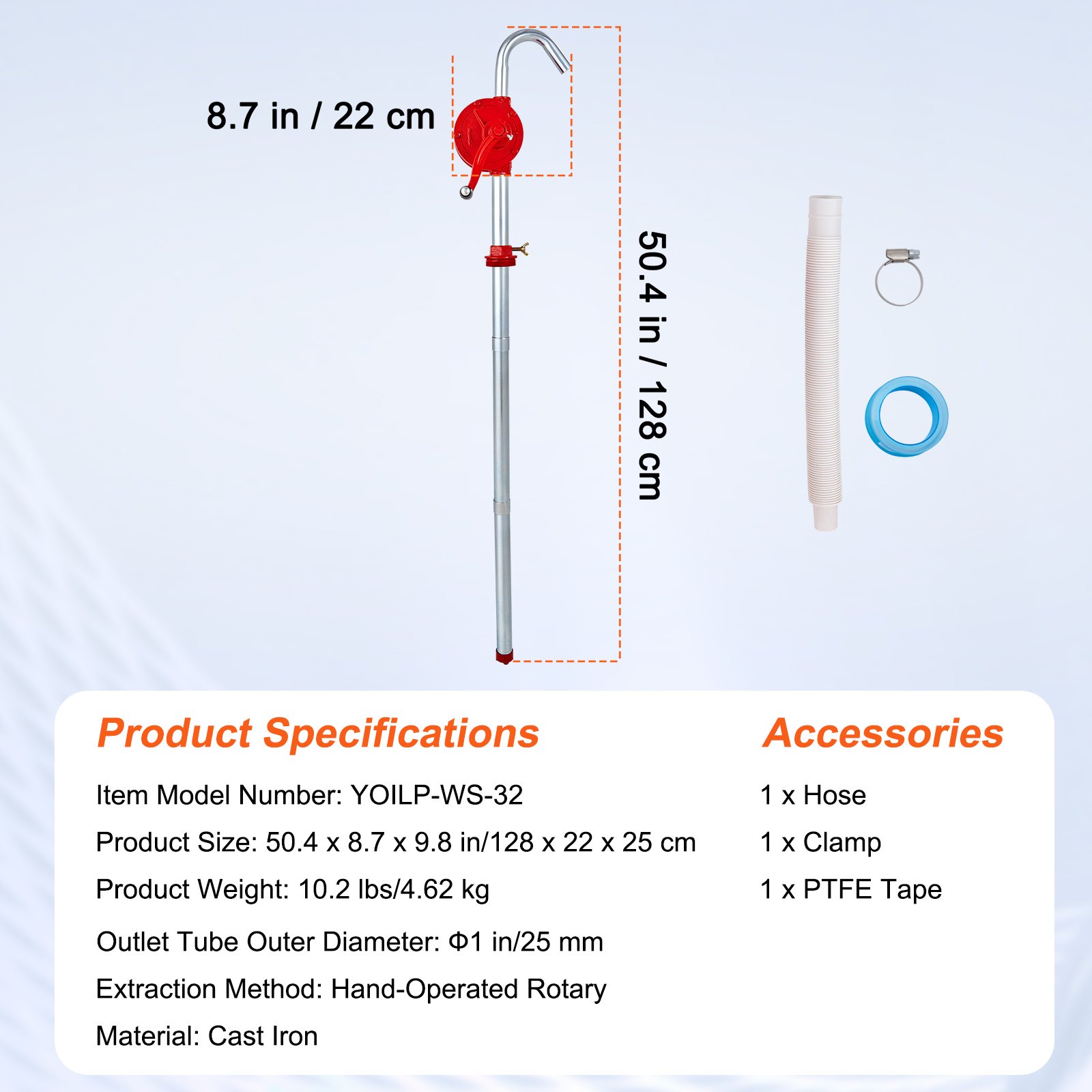 Bomba de bidón VEVOR con caño de 22 cm, altura 128 cm, incluye manguera, abrazadera y cinta de ptfe.