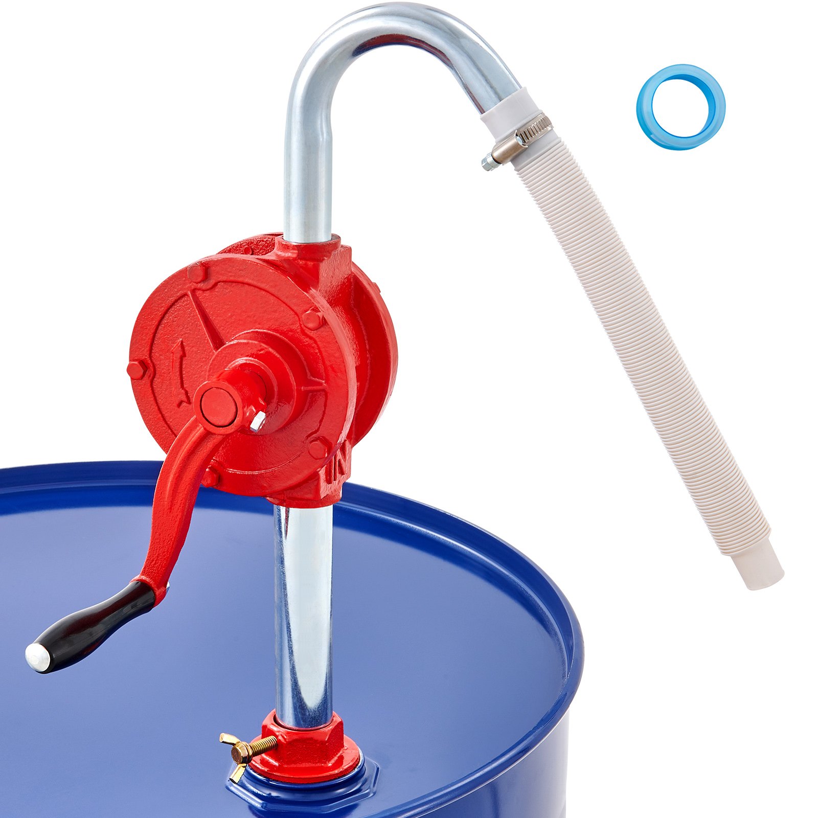 Bomba de tambor VEVOR manual con mango rojo montada en un barril azul.