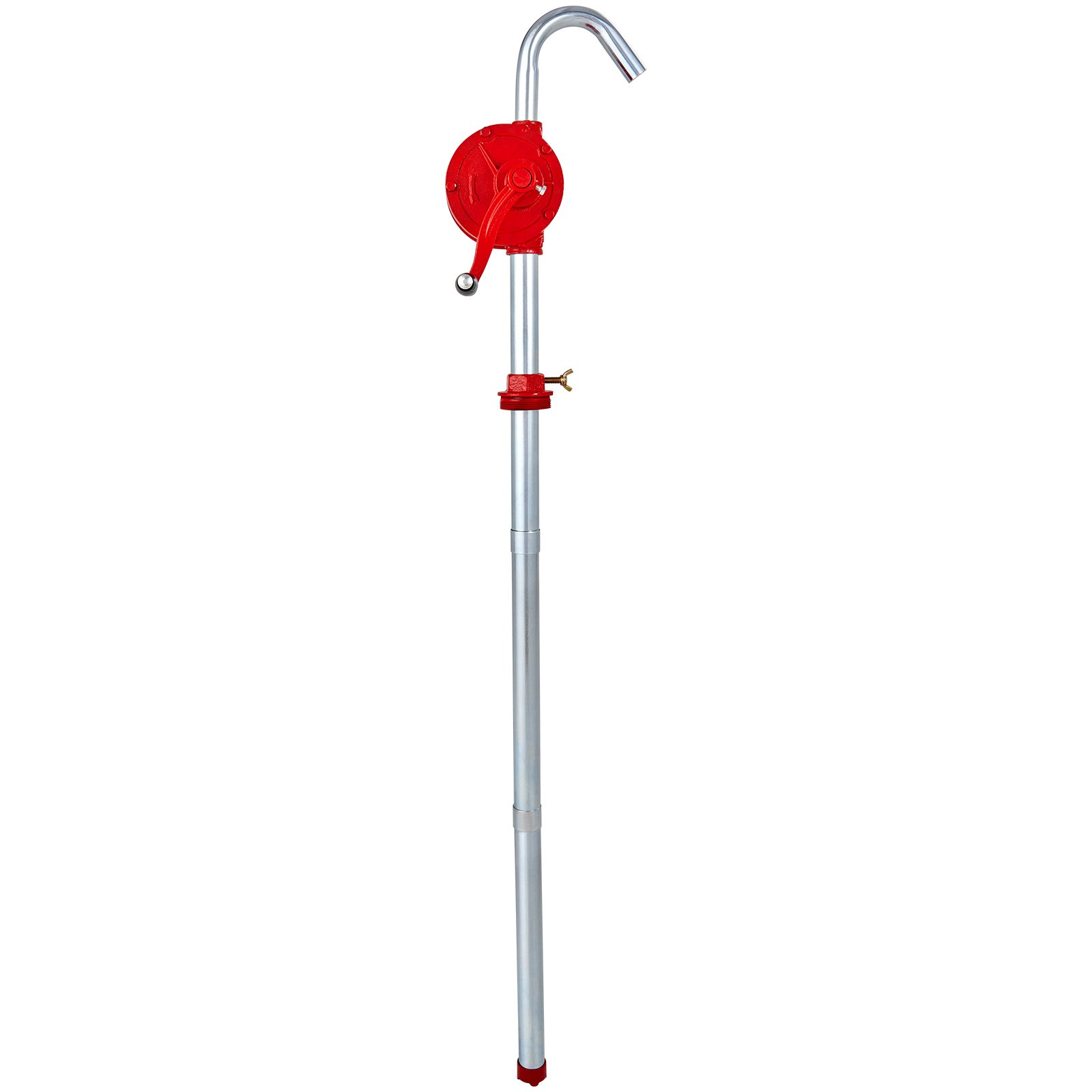 Bomba de tambor VEVOR roja y plateada con caño curvo y manija manual.