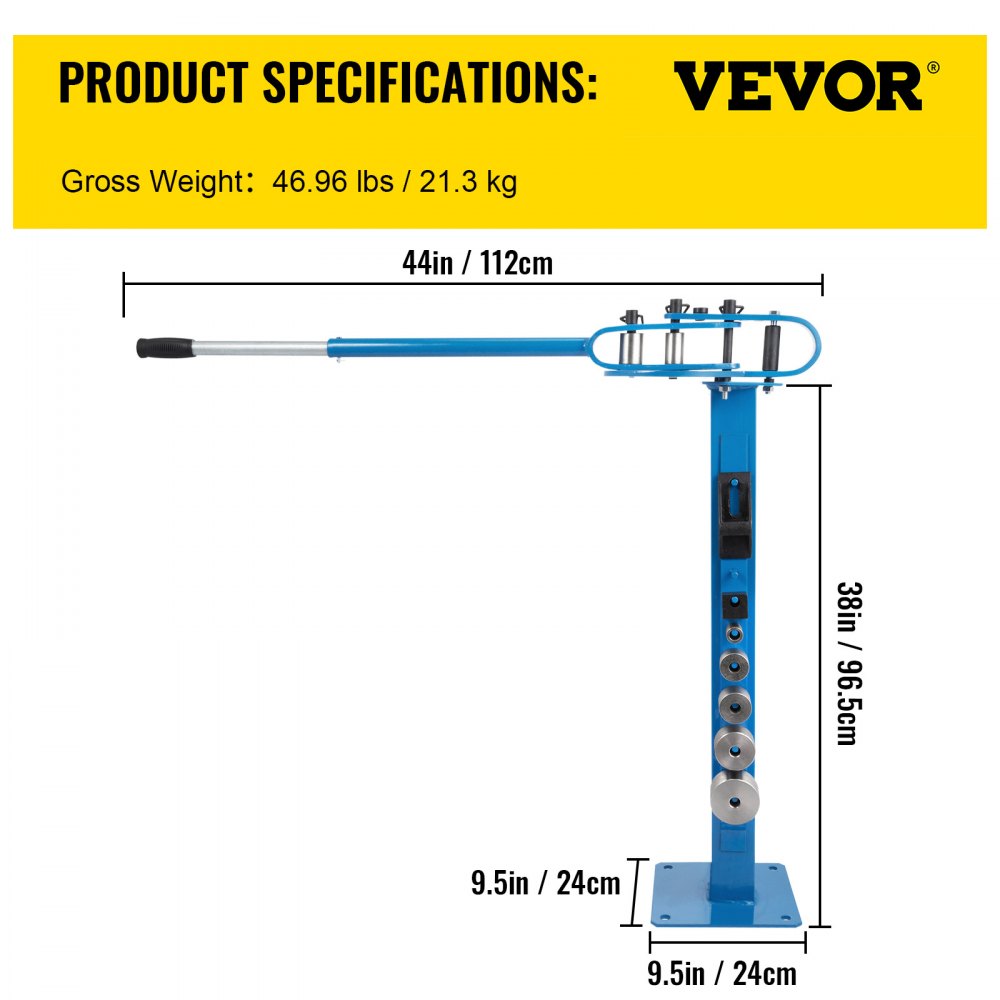 Dobladora de metal VEVOR con dimensiones: 44 pulgadas x 38 pulgadas, peso bruto 46,96 libras / 21,3 kg.