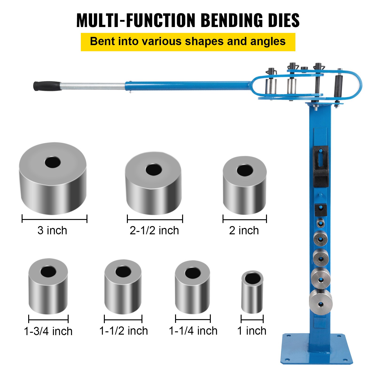 Dobladora de metal VEVOR con matrices de varios tamaños de 1 pulgada a 3 pulgadas en soporte azul.