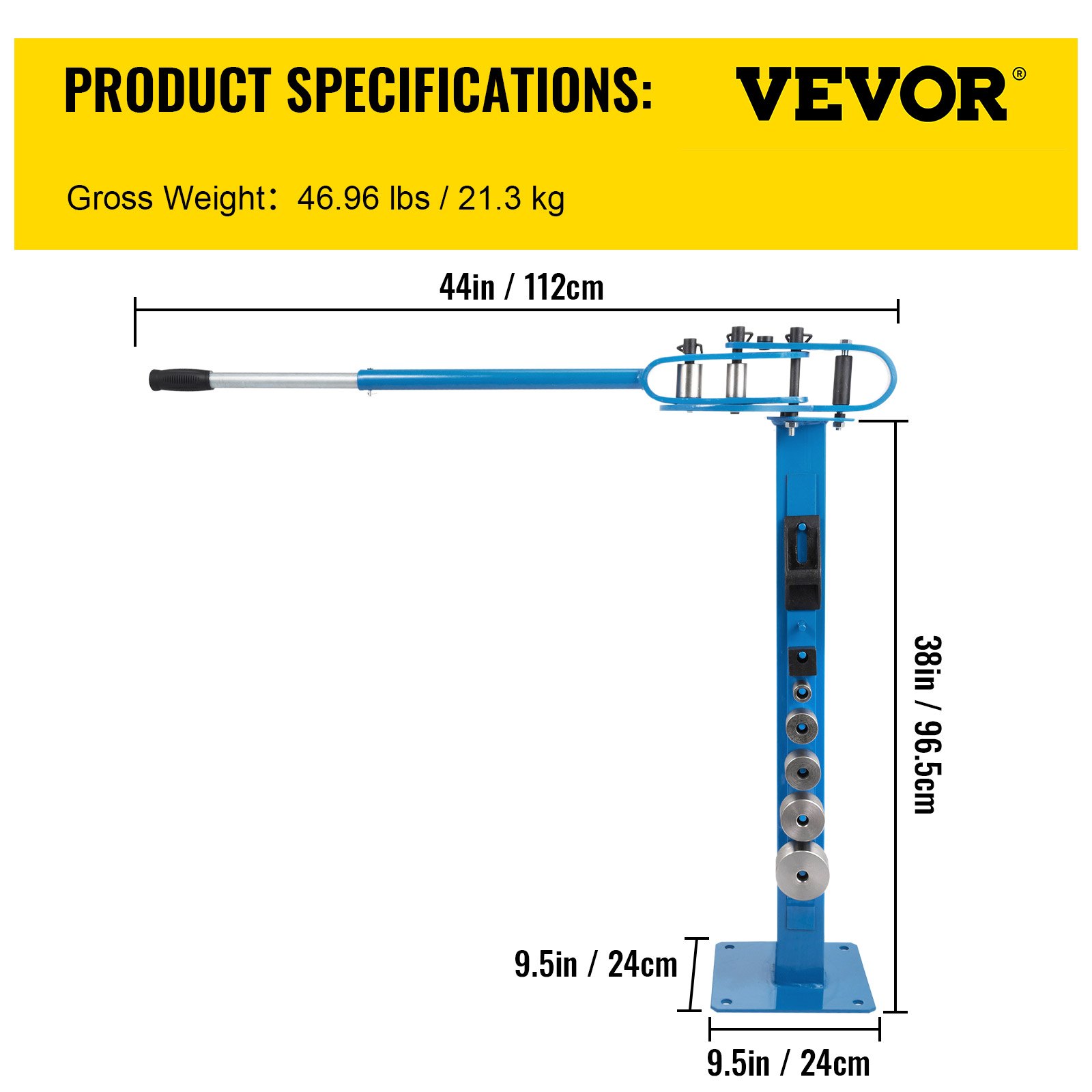 Dobladora de metal VEVOR con dimensiones: 44 pulgadas x 38 pulgadas, peso bruto 46,96 libras / 21,3 kg.