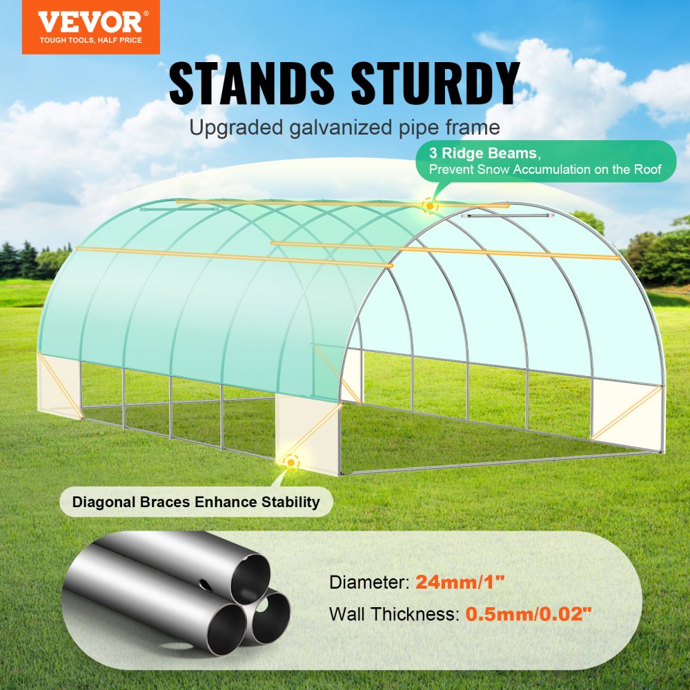 Invernadero tipo túnel VEVOR, 5,9 x 2,9 x 2 m, invernadero tipo túnel, casa de cultivo con estructura de acero galvanizado, cubierta de PE verde, puerta enrollable con cremallera y 12 ventanas para exteriores.