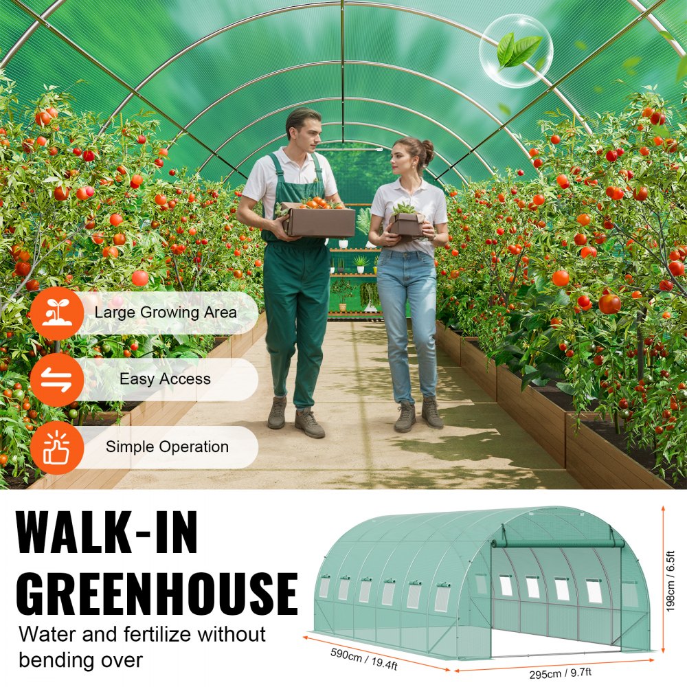 Invernadero tipo túnel VEVOR, 5,9 x 2,9 x 2 m, invernadero tipo túnel, casa de cultivo con estructura de acero galvanizado, cubierta de PE verde, puerta enrollable con cremallera y 12 ventanas para exteriores.