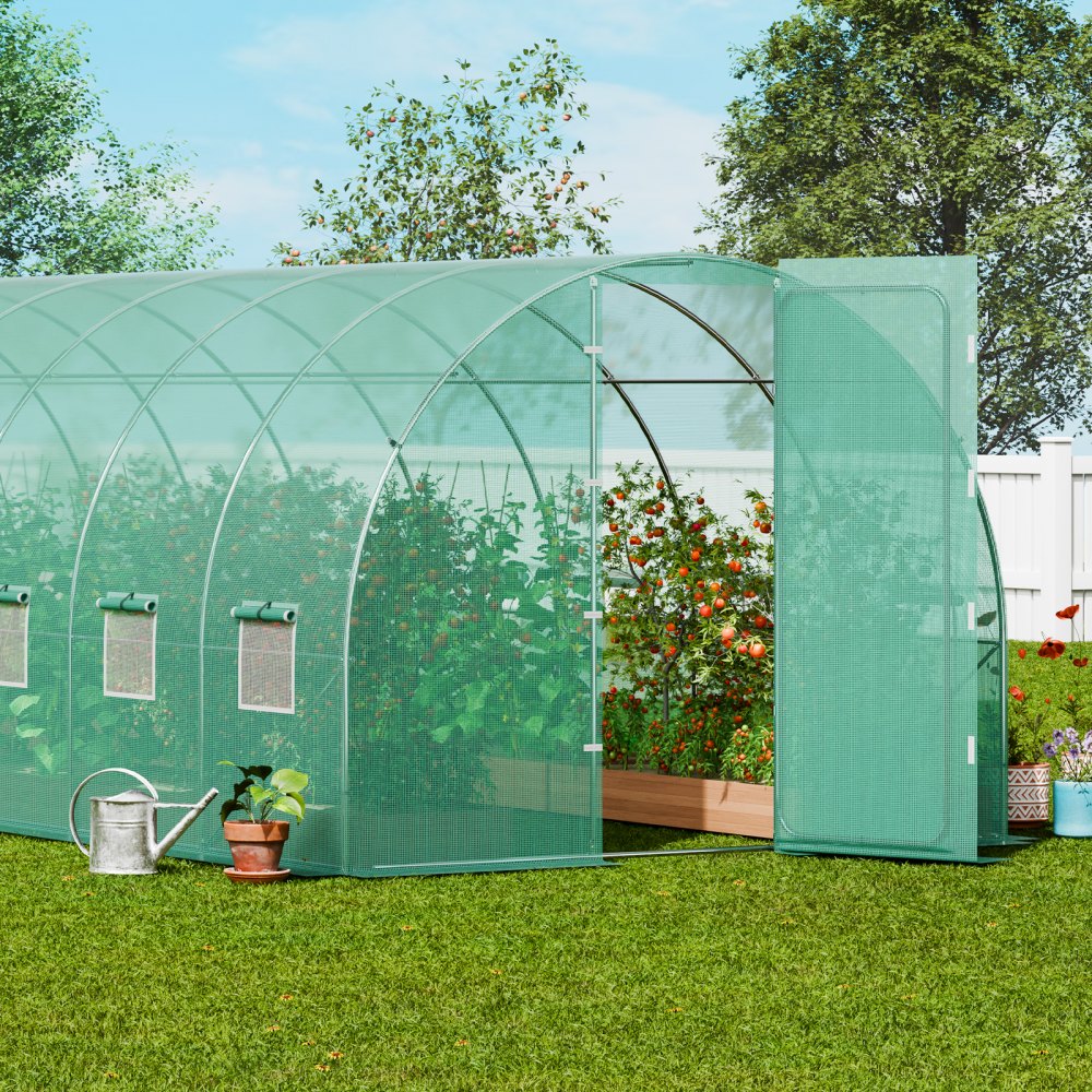 Invernadero tipo túnel VEVOR, 27.4x9.5x7.4 pies, invernadero tipo túnel con estructura de acero galvanizado, cubierta de PE verde, puerta batiente y 16 ventanas enrollables para exteriores.