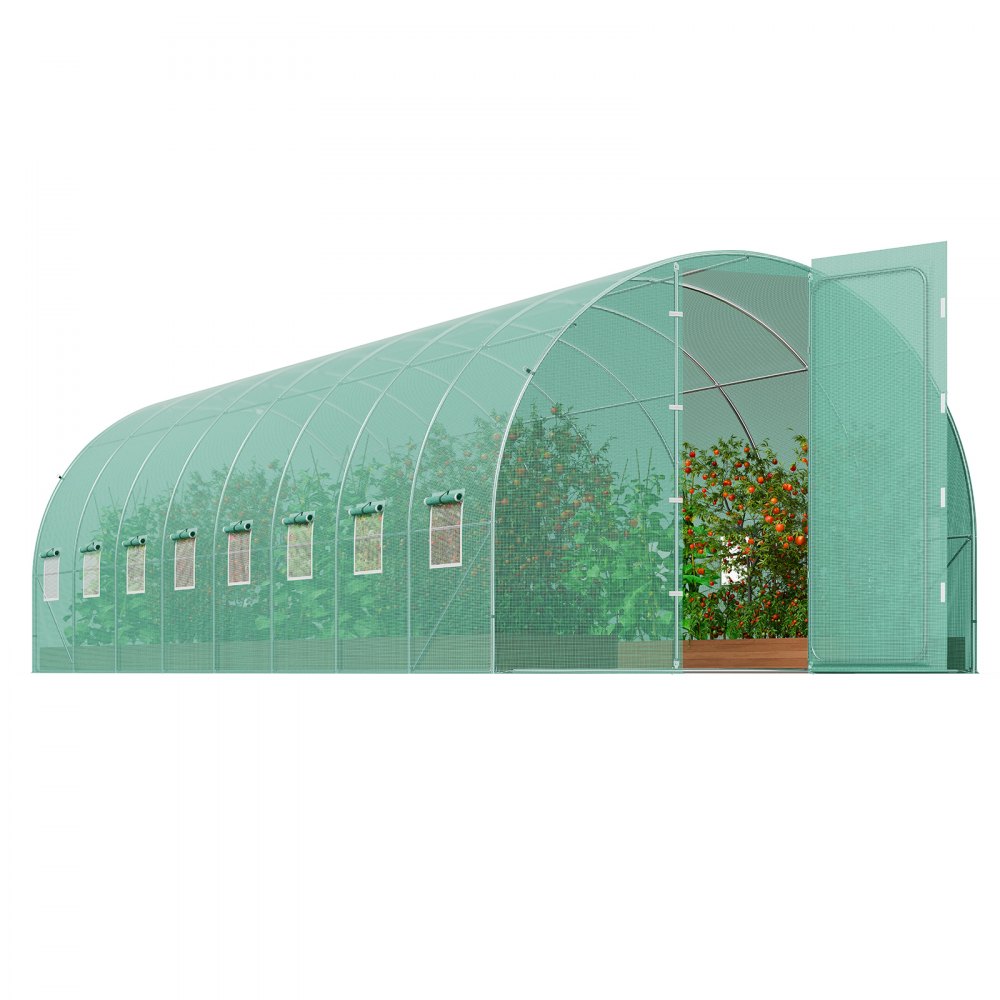 Invernadero tipo túnel VEVOR, 27.4x9.5x7.4 pies, invernadero tipo túnel con estructura de acero galvanizado, cubierta de PE verde, puerta batiente y 16 ventanas enrollables para exteriores.