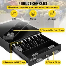 Cajón de caja registradora VEVOR, 13 pulgadas, 2 vías de desbloqueo, diseño totalmente extraíble con bandeja de efectivo de 4 billetes y 5 monedas, 2 llaves incluidas, cajas registradoras de tamaño compacto para supermercado, bar, cafetería, restaurante