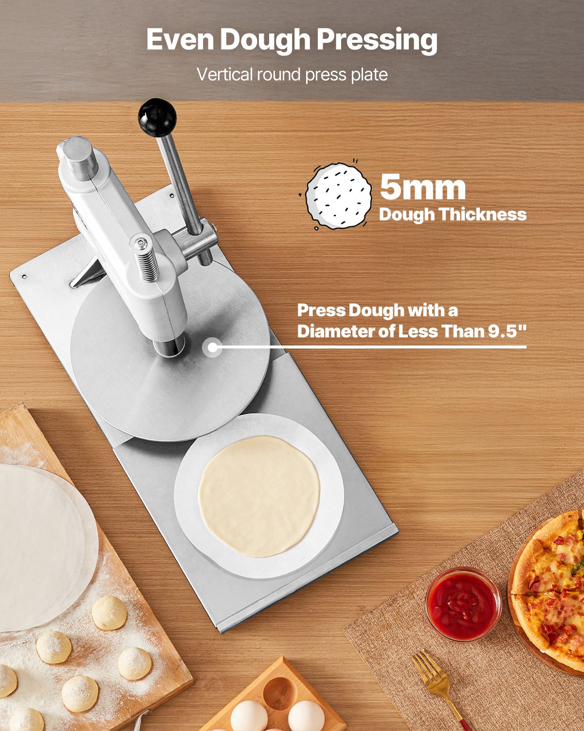 VEVOR - Prensa manual para masa de pizza (9,5 pulgadas), prensa de pan de acero inoxidable, máquina para hacer chapatis, con asa y 100 hojas de papel pergamino.