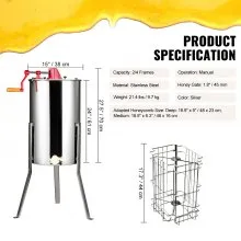 VEVOR Extractor manual de miel, extractor de miel de 2/4 marcos, extracción de apicultura de acero inoxidable, tambor de panal con tapa, equipo de centrífuga apiario con soporte ajustable en altura