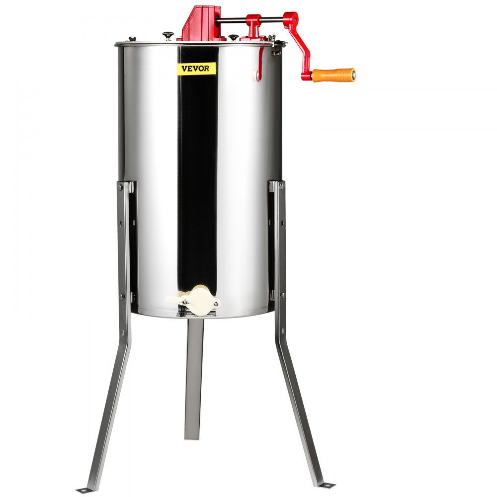 Extractor de miel VEVOR con cuerpo de acero inoxidable, manivela roja y patas resistentes para mayor estabilidad.