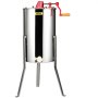 Extractor de miel VEVOR con cuerpo de acero inoxidable, manivela roja y patas resistentes para mayor estabilidad.