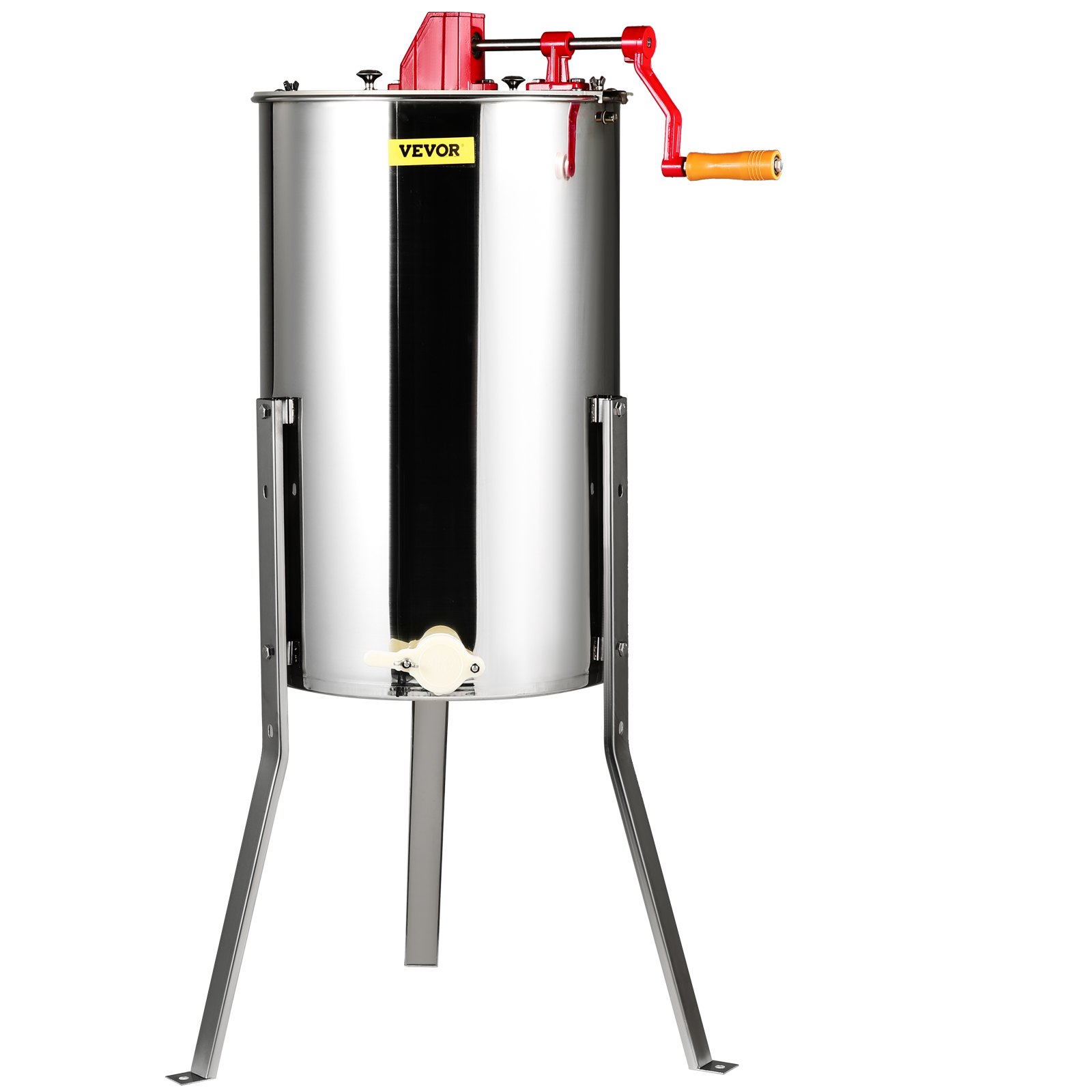 Extractor de miel VEVOR con cuerpo de acero inoxidable, manivela roja y patas resistentes para mayor estabilidad.