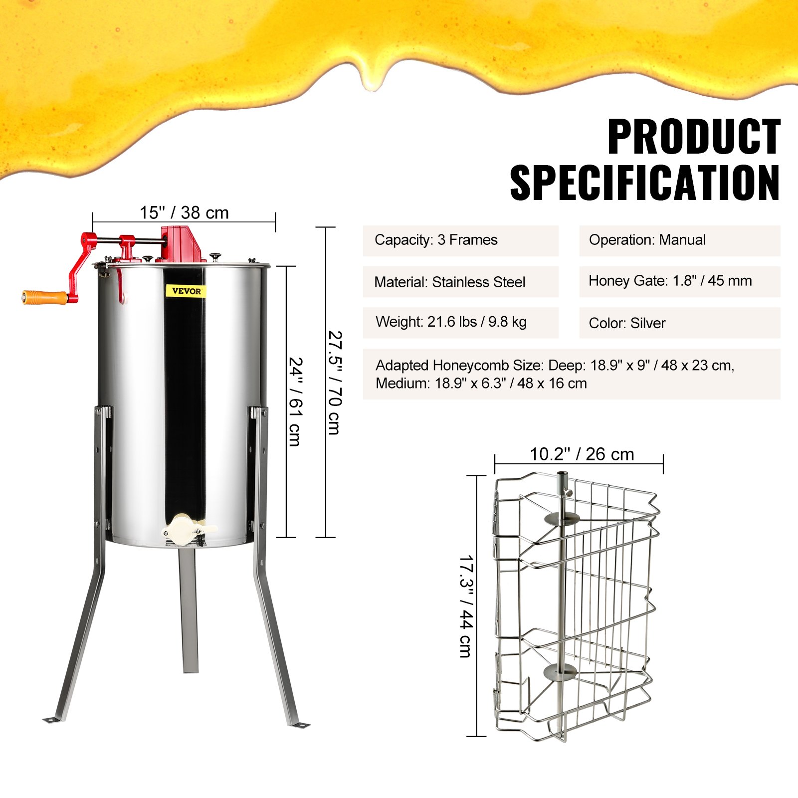 VEVOR Extractor de miel manual, extractor de miel de 3 marcos, extracción de apicultura de acero inoxidable, tambor de panal con tapa, equipo de centrífuga apiario con soporte ajustable en altura