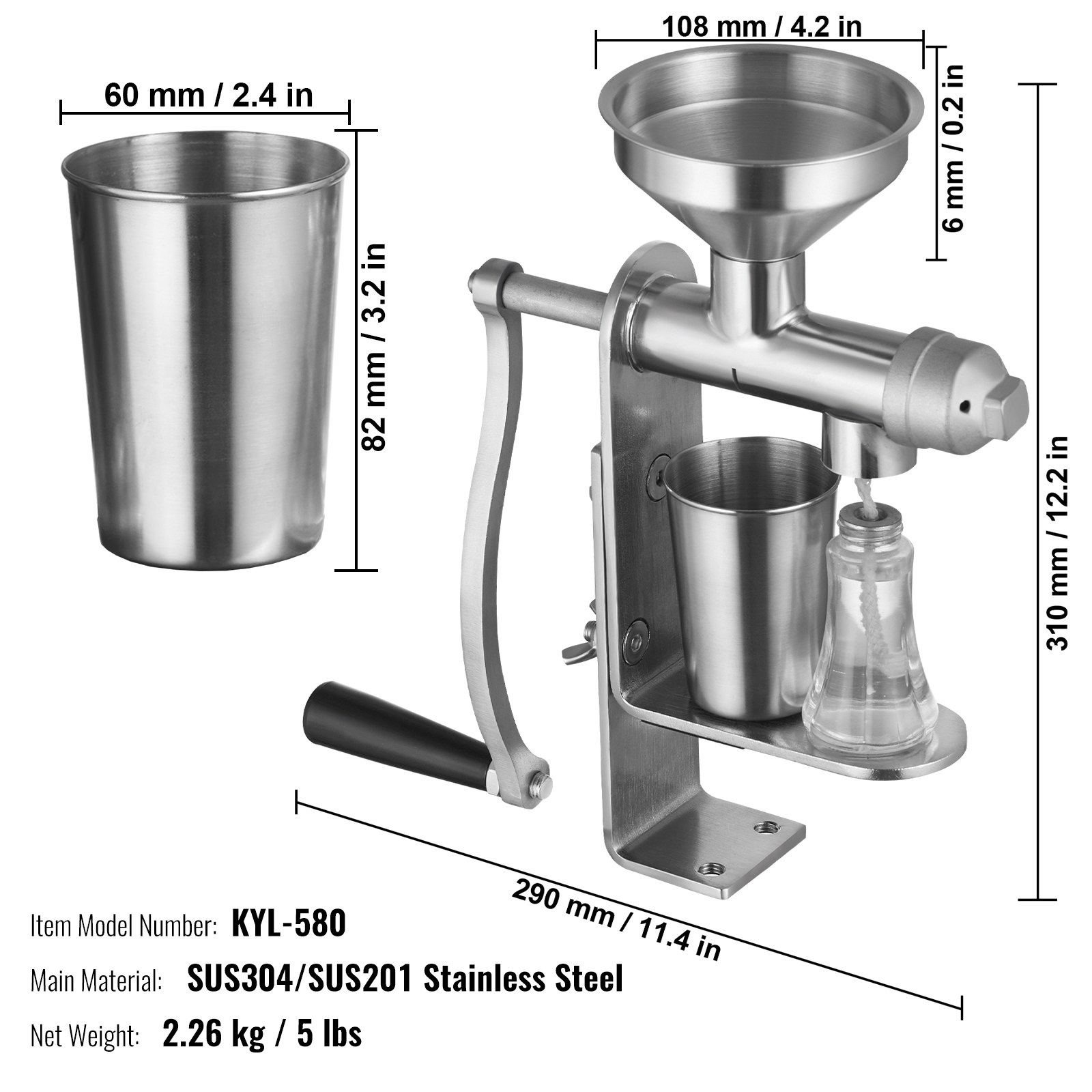 Prensa de aceite manual VEVOR, extractor de aceite de acero inoxidable, prensador de aceite desmontable para una limpieza sencilla, expulsor de aceite doméstico para prensar cacahuetes, semillas de sésamo, colza y semillas de té.