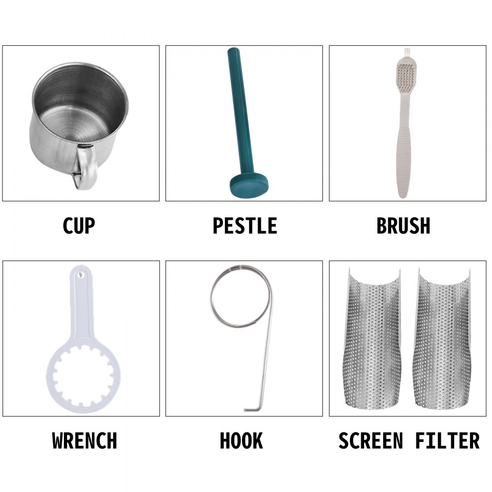 Accesorios para exprimidor de pasto de trigo VEVOR: taza, mortero, cepillo, llave, gancho, filtro de pantalla.